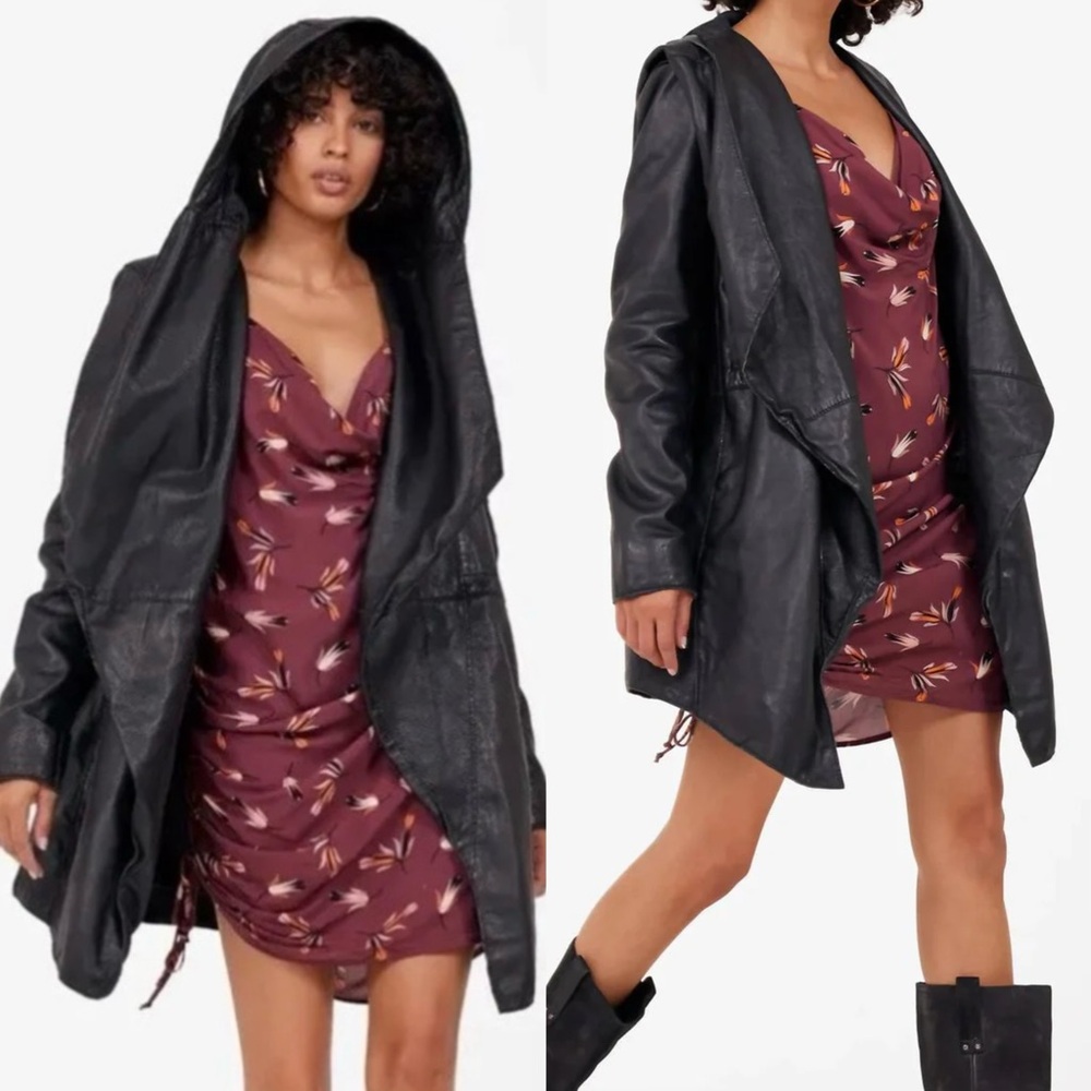 NWT Mauritius x Free People Cleo Black Hooded Lamb Leather Parka Jacket M